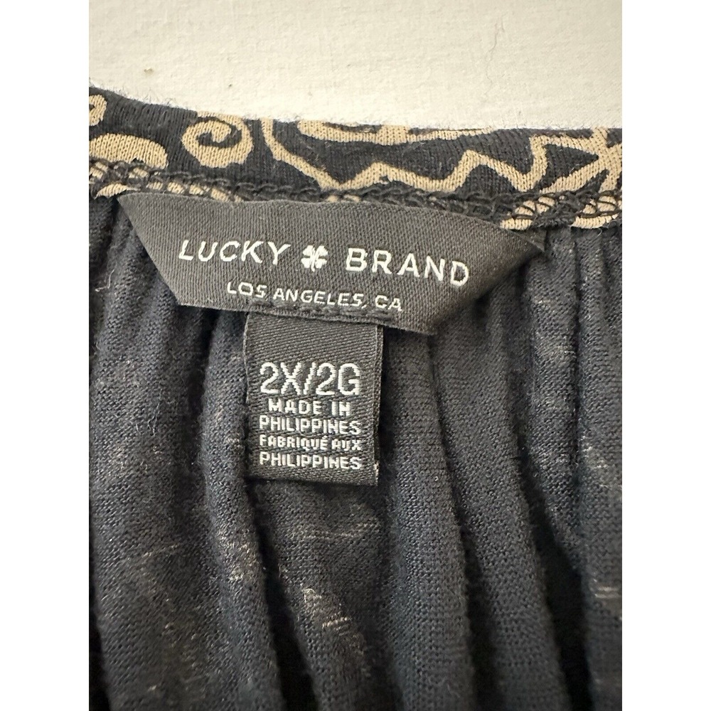 Lucky Brand Womens Black Tan Floral Peasant Blouse Sz 2X Round Neck Keyhole - Picture 5 of 9